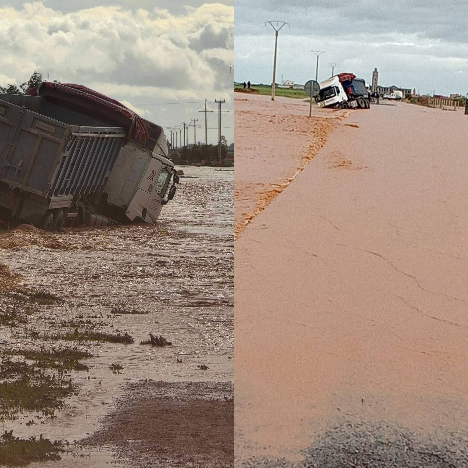 مياه الأمطار تتسبب في انحراف شاحنة بالطريق الوطنية بين سيدي بنور وأولاد عمران